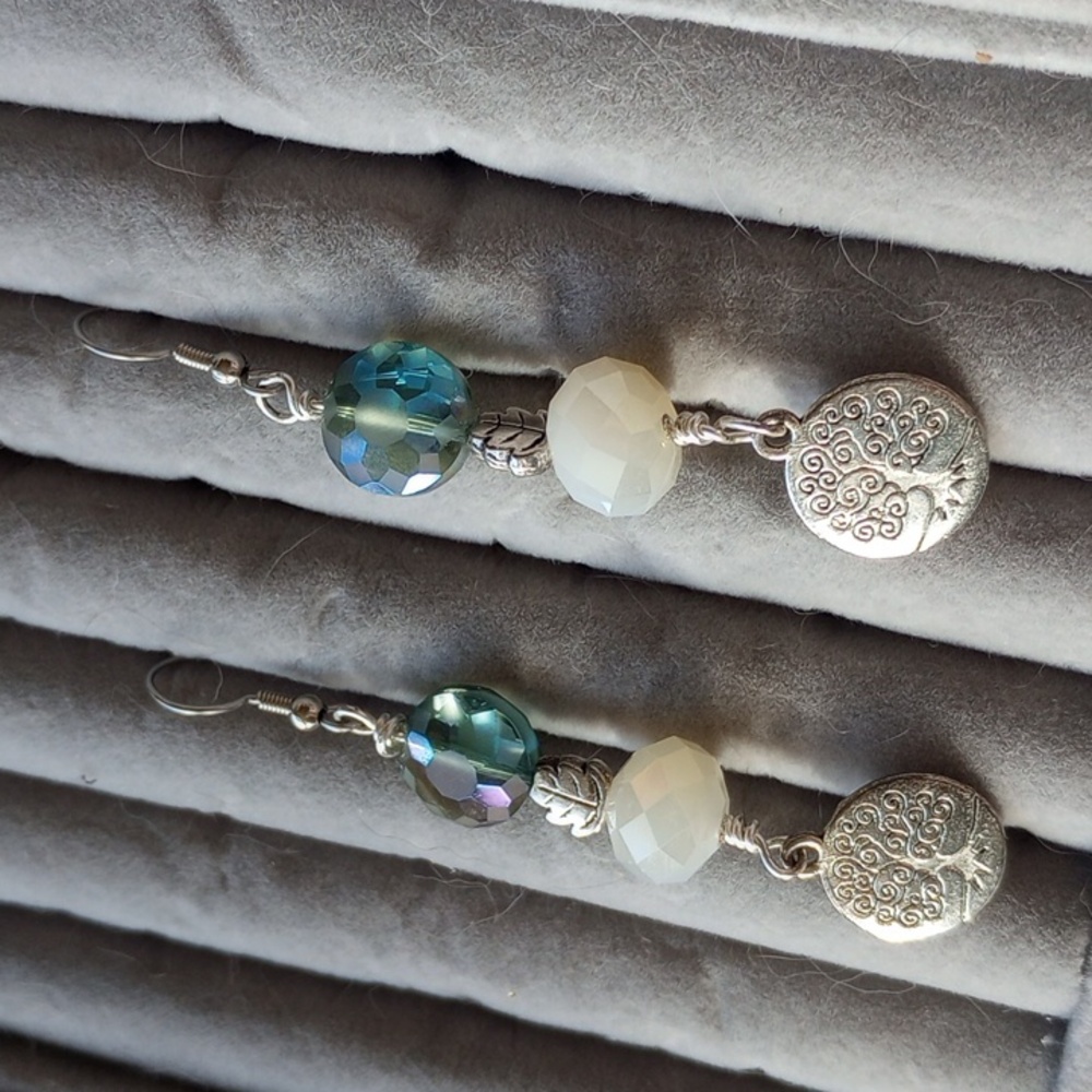 Tree of Life Earrings hook Dangles  mermaid Crystal White faceted Gemstone